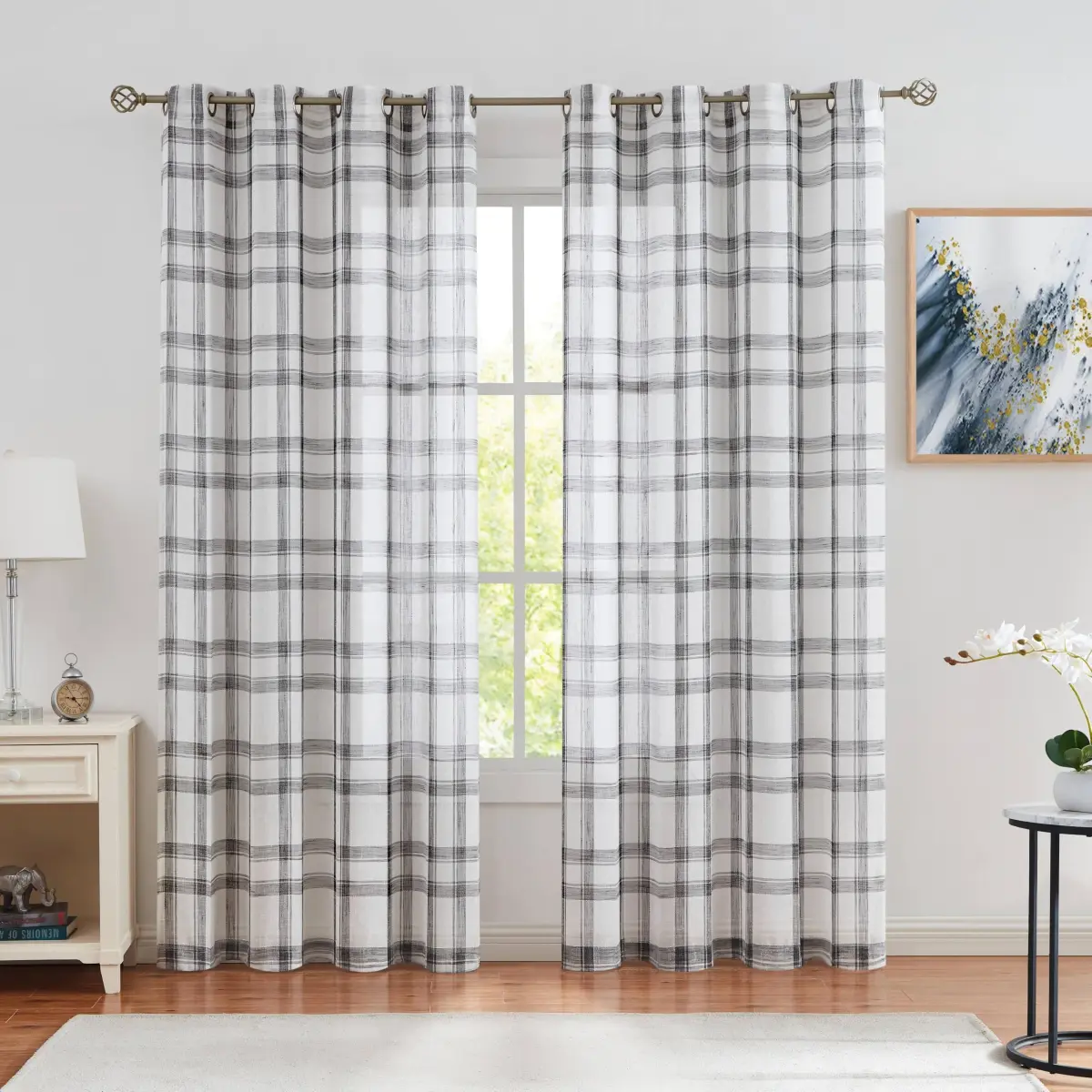 Randall Buffalo Check Semi-Sheer Curtain Panels Black & White 137cm (54") | Farmhouse Style Light Filtering Drapes - main product image
