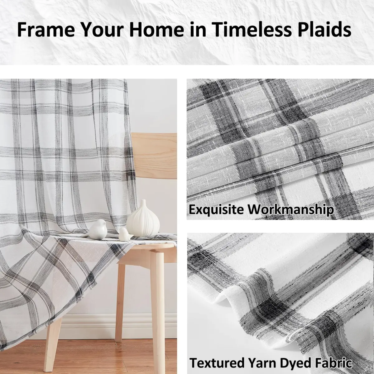 Randall Buffalo Check Semi-Sheer Curtain Panels Black & White 137cm (54") | Farmhouse Style Light Filtering Drapes - view 3