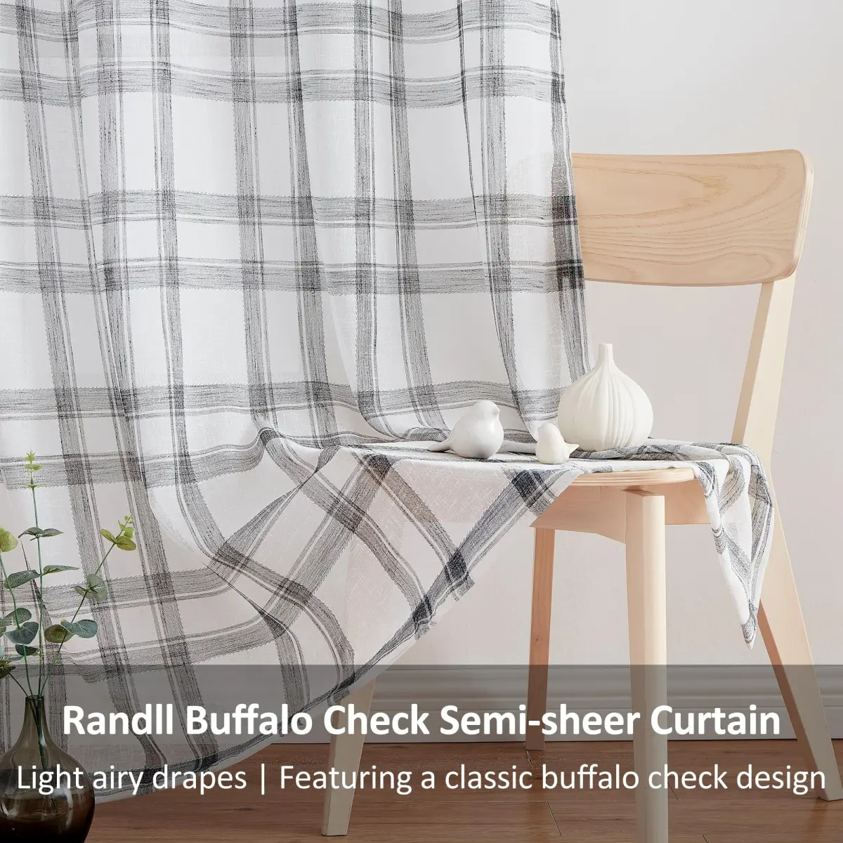 Randall Buffalo Check Semi-Sheer Curtain Panels Black & White 137cm (54") | Farmhouse Style Light Filtering Drapes - view 4