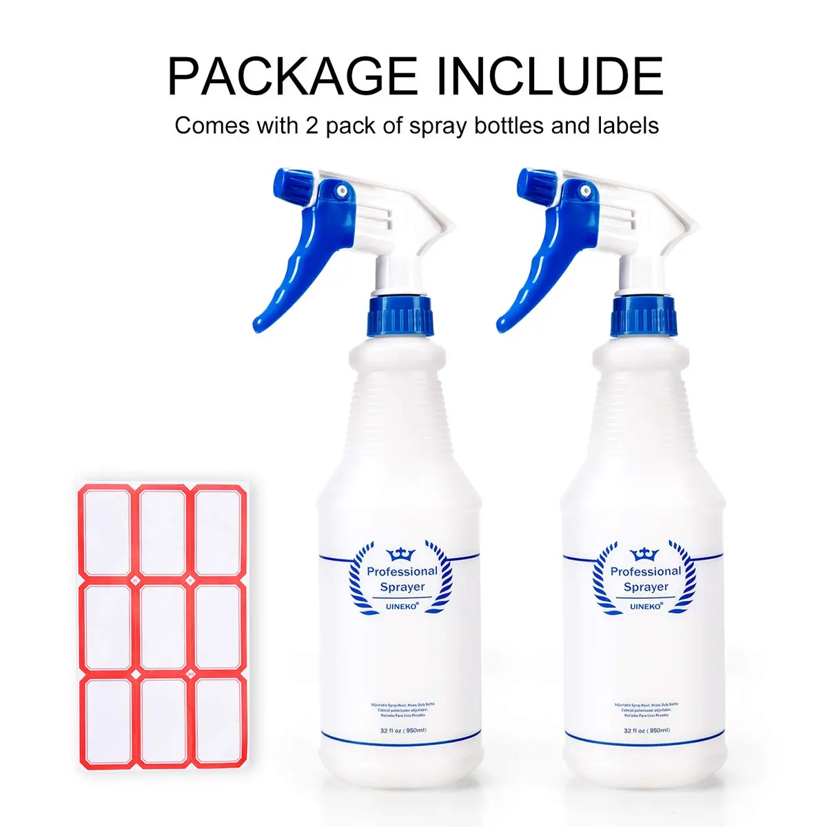 Uineko Plastic Spray Bottles 2 Pack, 32 Oz | Heavy Duty, Leak-Proof, Adjustable Nozzle - view 7