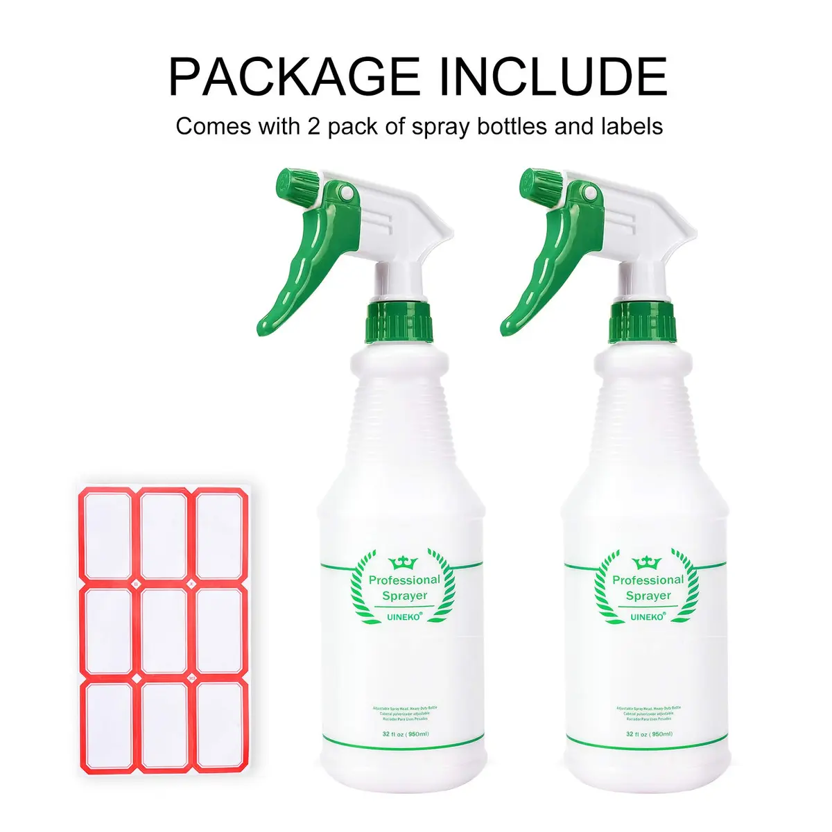 Uineko Heavy Duty Plastic Spray Bottles 2 Pack, 32 Oz | Adjustable Nozzle, Leak-Proof, Chemical Resistant, for Home & Garden - view 4