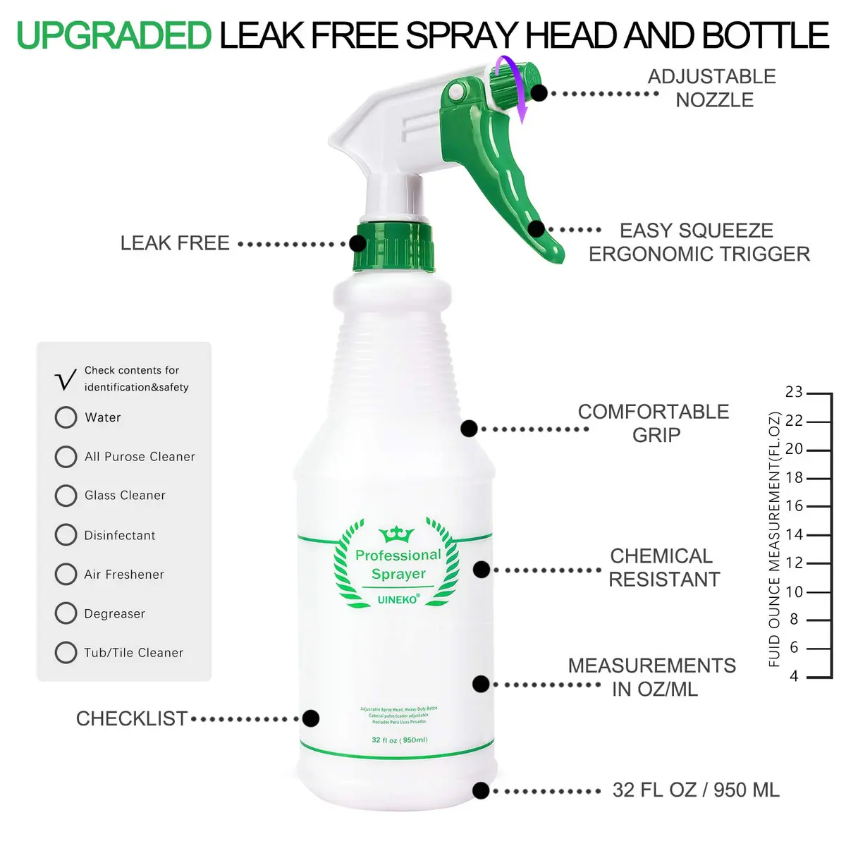 Uineko Heavy Duty Plastic Spray Bottles 2 Pack, 32 Oz | Adjustable Nozzle, Leak-Proof, Chemical Resistant, for Home & Garden - view 2