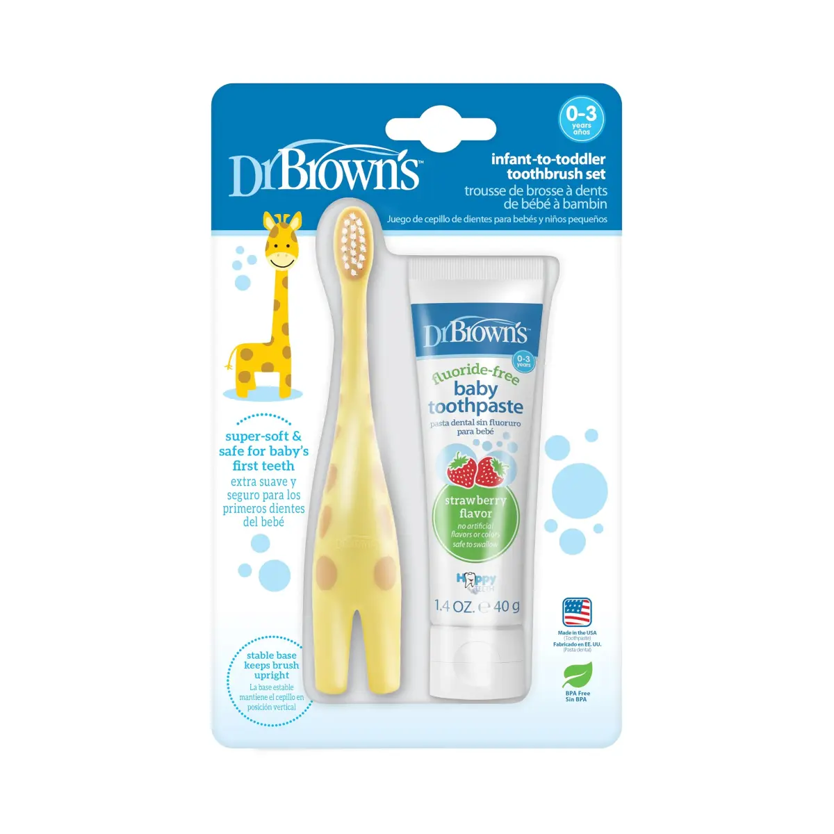 Dr. Brown's Infant-to-Toddler Toothbrush and Toothpaste Set, Giraffe, 2 Count (40g/1.4oz) | BPA-Free, Fluoride-Free - main product image