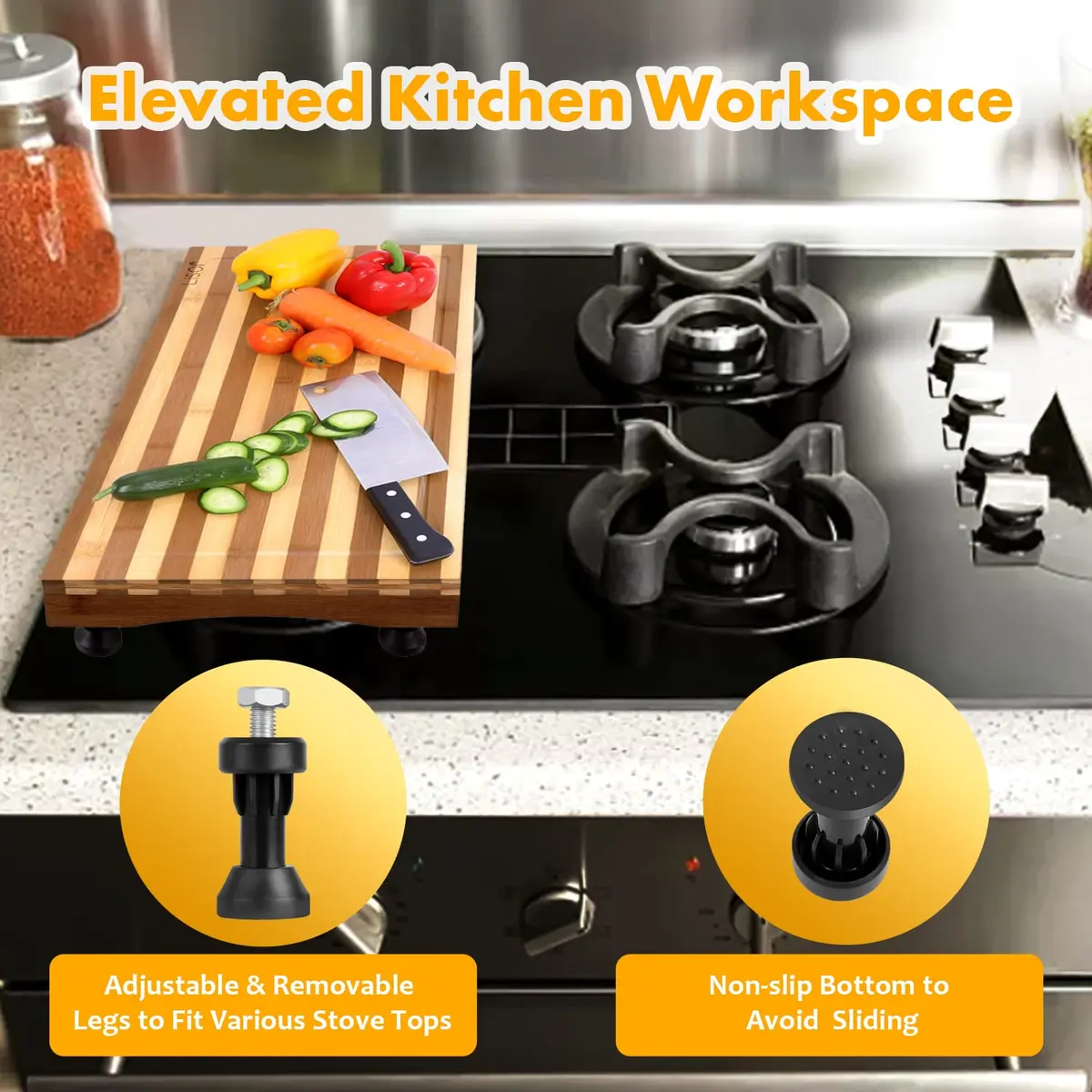 Lynicon Bamboo Stovetop Cover & Countertop Cutting Board 21.3"L x 11.4"W | Adjustable Legs for RV & Kitchen - view 5