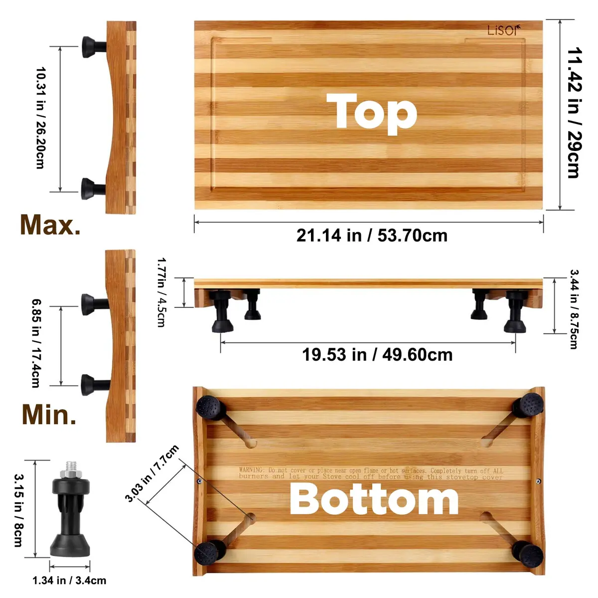 Lynicon Bamboo Stovetop Cover & Countertop Cutting Board 21.3"L x 11.4"W | Adjustable Legs for RV & Kitchen - view 6