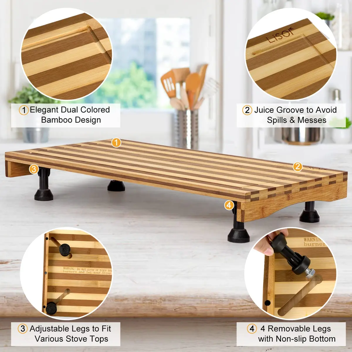 Lynicon Bamboo Stovetop Cover & Countertop Cutting Board 21.3"L x 11.4"W | Adjustable Legs for RV & Kitchen - view 3
