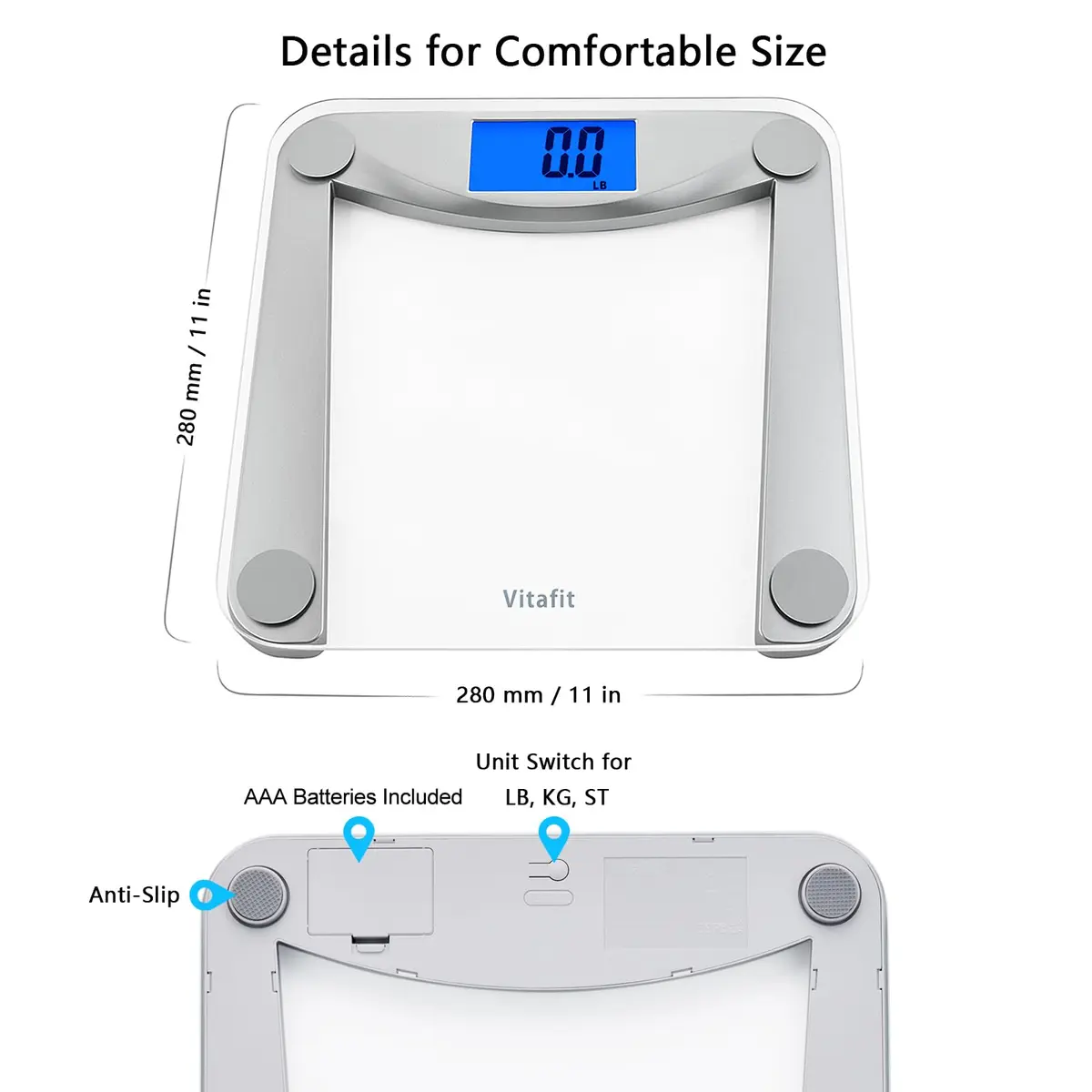 Vitafit Digital Bathroom Scale 11x11 in | 0.1lb Accuracy, 400lb Capacity, Tempered Glass - view 6