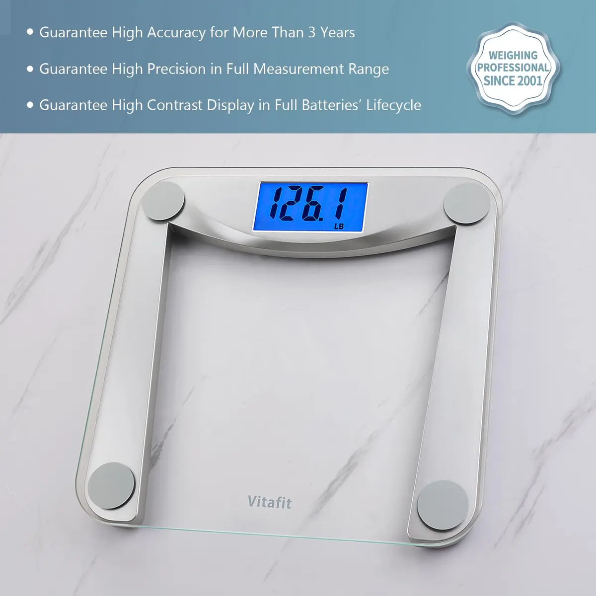 Vitafit Digital Bathroom Scale 11x11 in | 0.1lb Accuracy, 400lb Capacity, Tempered Glass - view 2