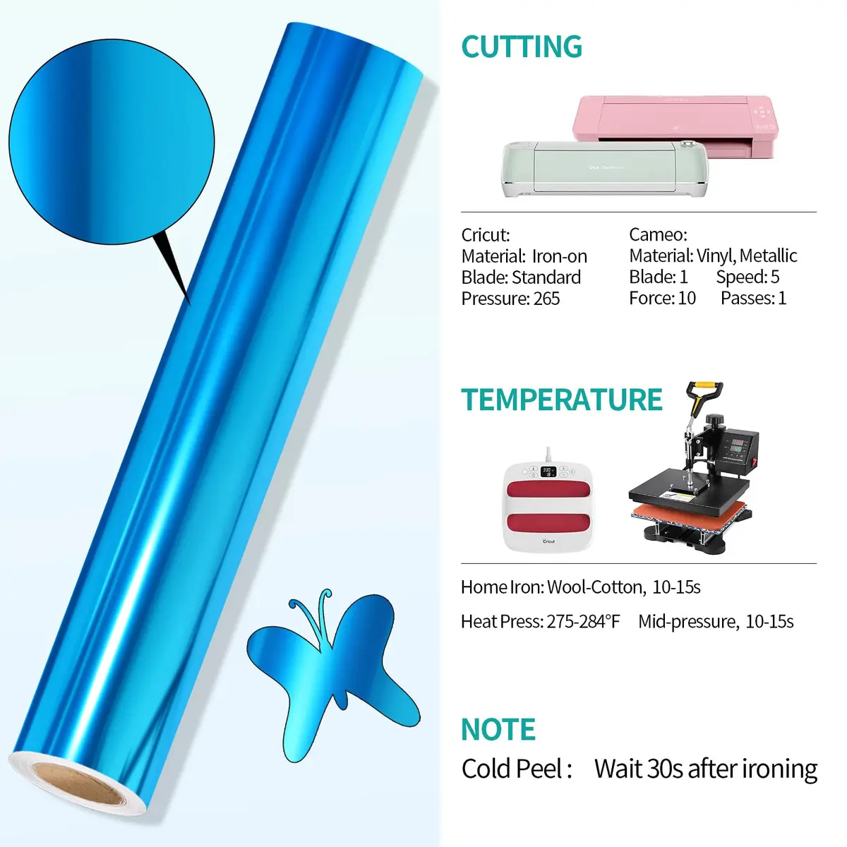 VINYL FROG Blue Metallic Foil Heat Transfer Vinyl 12" x5ft | Chrome Iron-on HTV for T-Shirts - view 8