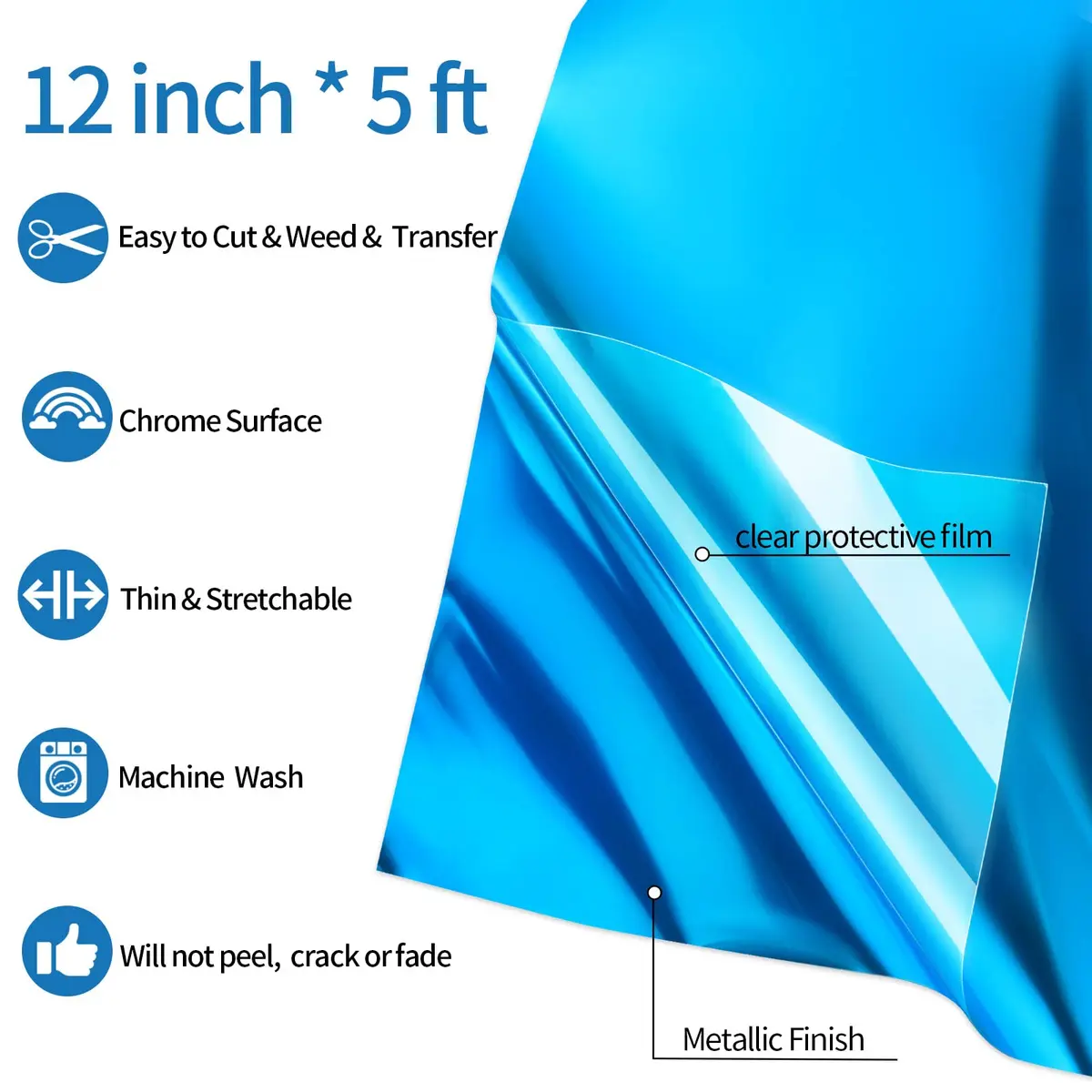 VINYL FROG Blue Metallic Foil Heat Transfer Vinyl 12" x5ft | Chrome Iron-on HTV for T-Shirts - view 2