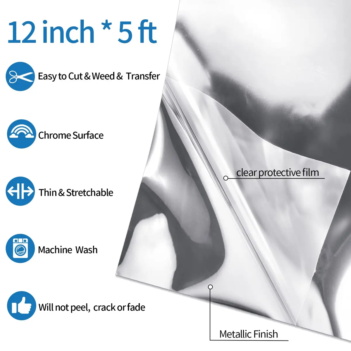 VINYL FROG Silver Metallic Foil Heat Transfer Vinyl 12in x 5ft (30.5cm x 1.52m) | Chrome Iron-On Vinyl for T-Shirts - view 2