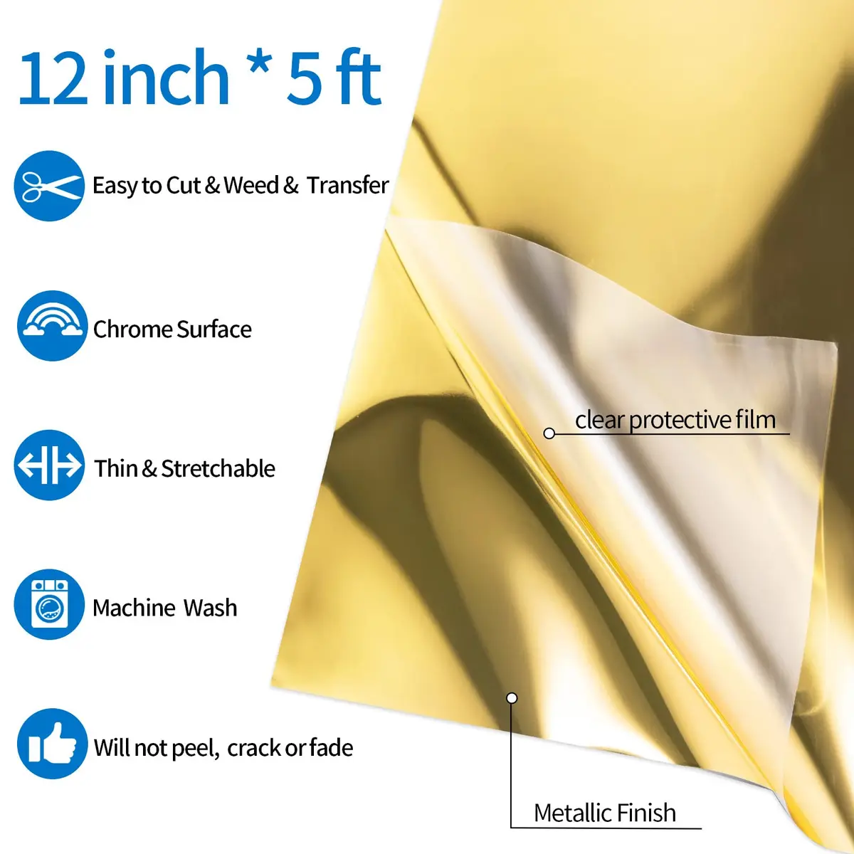 VINYL FROG Gold Metallic Foil Heat Transfer Vinyl Roll 12" x5ft | Chrome HTV for T-Shirts & DIY - view 2