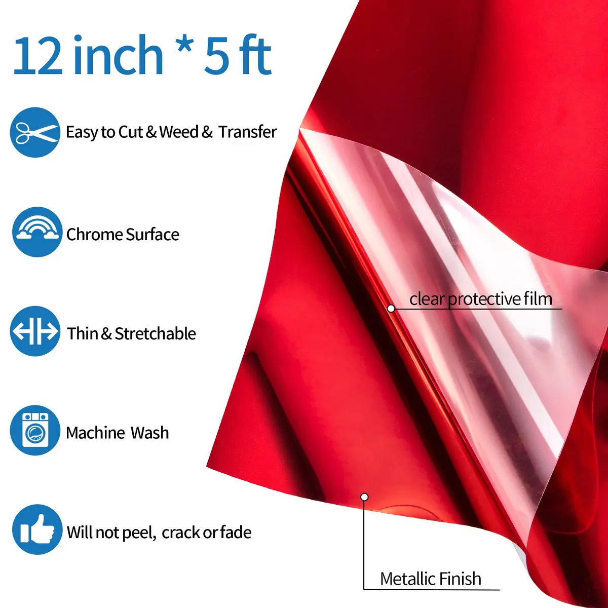 VINYL FROG Red Metallic Foil Heat Transfer Vinyl 12in x 5ft (30.48cm x 1.52m) | Chrome Iron On Vinyl for T-Shirts - view 2