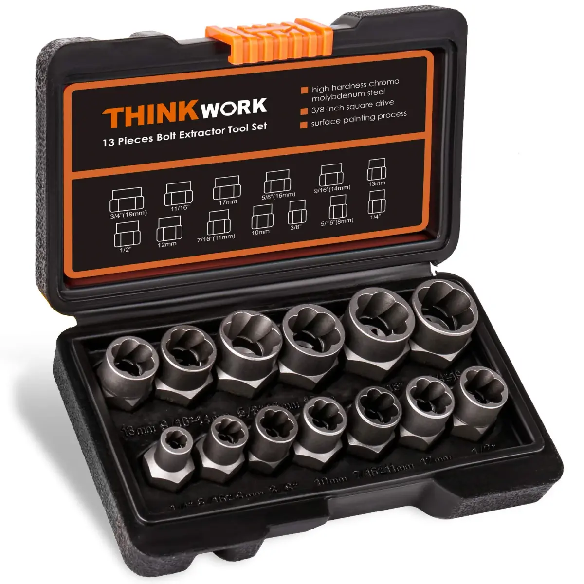 THINKWORK 14-Piece Bolt Extractor Kit, 3/8" Drive, 760g (1.6lb) | Removes Stripped, Rusted, Rounded Fasteners - main product image