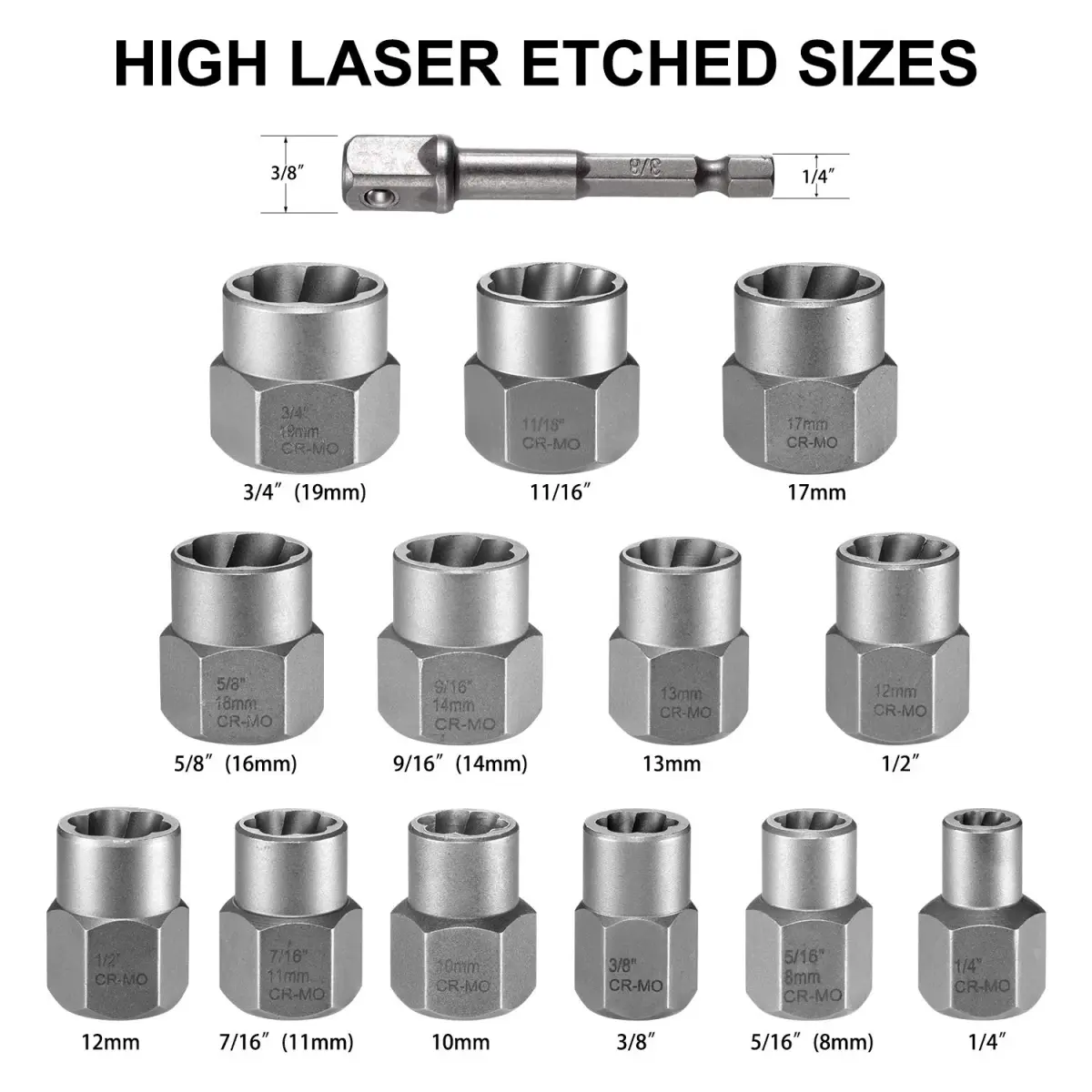 THINKWORK 14-Piece Bolt Extractor Kit, 3/8" Drive, 760g (1.6lb) | Removes Stripped, Rusted, Rounded Fasteners - view 6