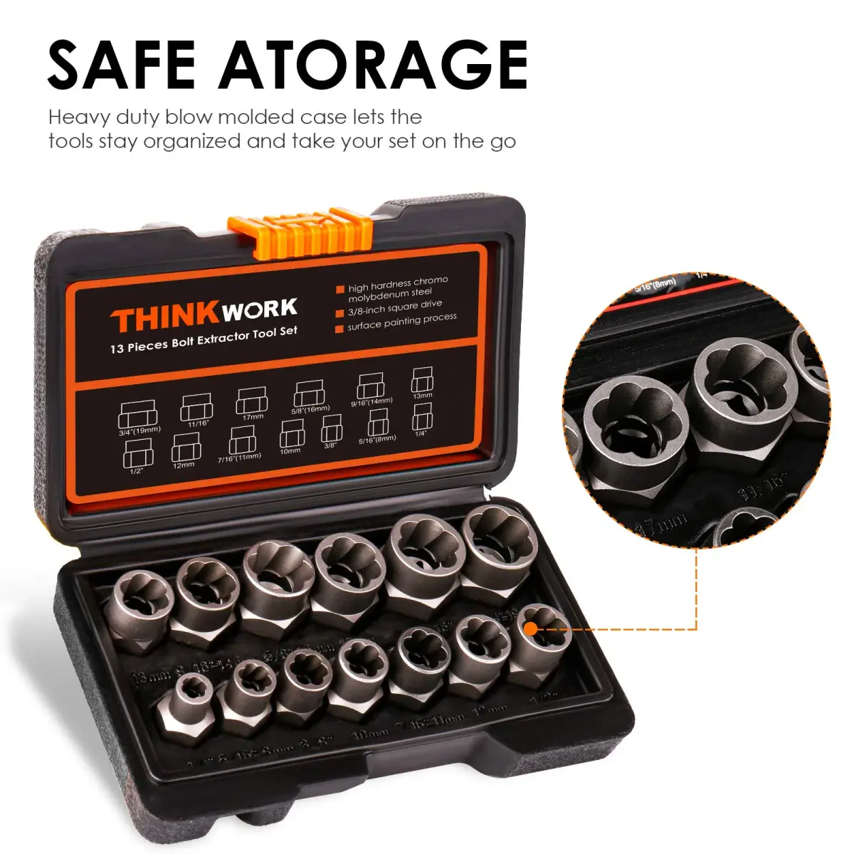 THINKWORK 14-Piece Bolt Extractor Kit, 3/8" Drive, 760g (1.6lb) | Removes Stripped, Rusted, Rounded Fasteners - view 7