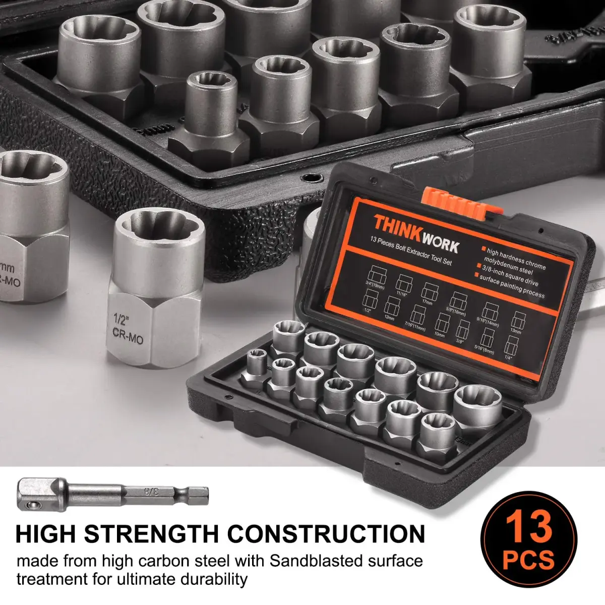 THINKWORK 14-Piece Bolt Extractor Kit, 3/8" Drive, 760g (1.6lb) | Removes Stripped, Rusted, Rounded Fasteners - view 2
