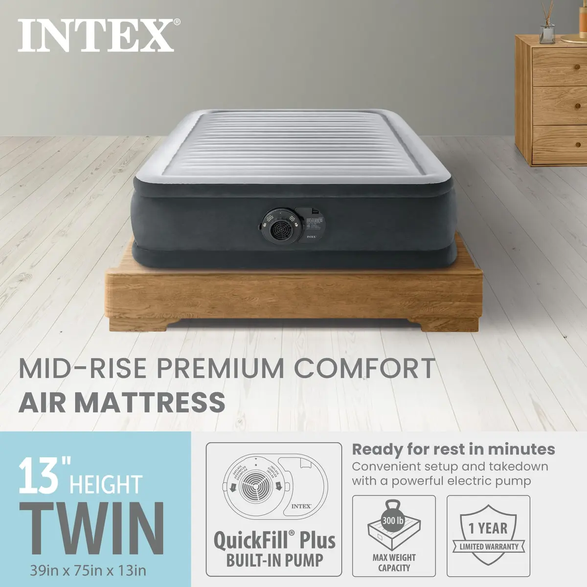 Intex Dura-Beam Deluxe Twin Size Air Mattress with Built-in Pump | 13" Plush Support for Guests & Travel - view 2