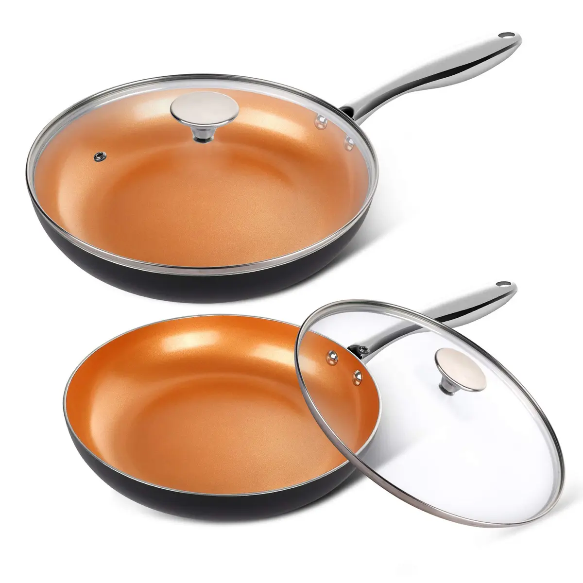 MICHELANGELO Copper Frying Pan Set with Lid 8" & 10" | Nonstick Copper Pans with Glass Lid (110 characters) - main product image