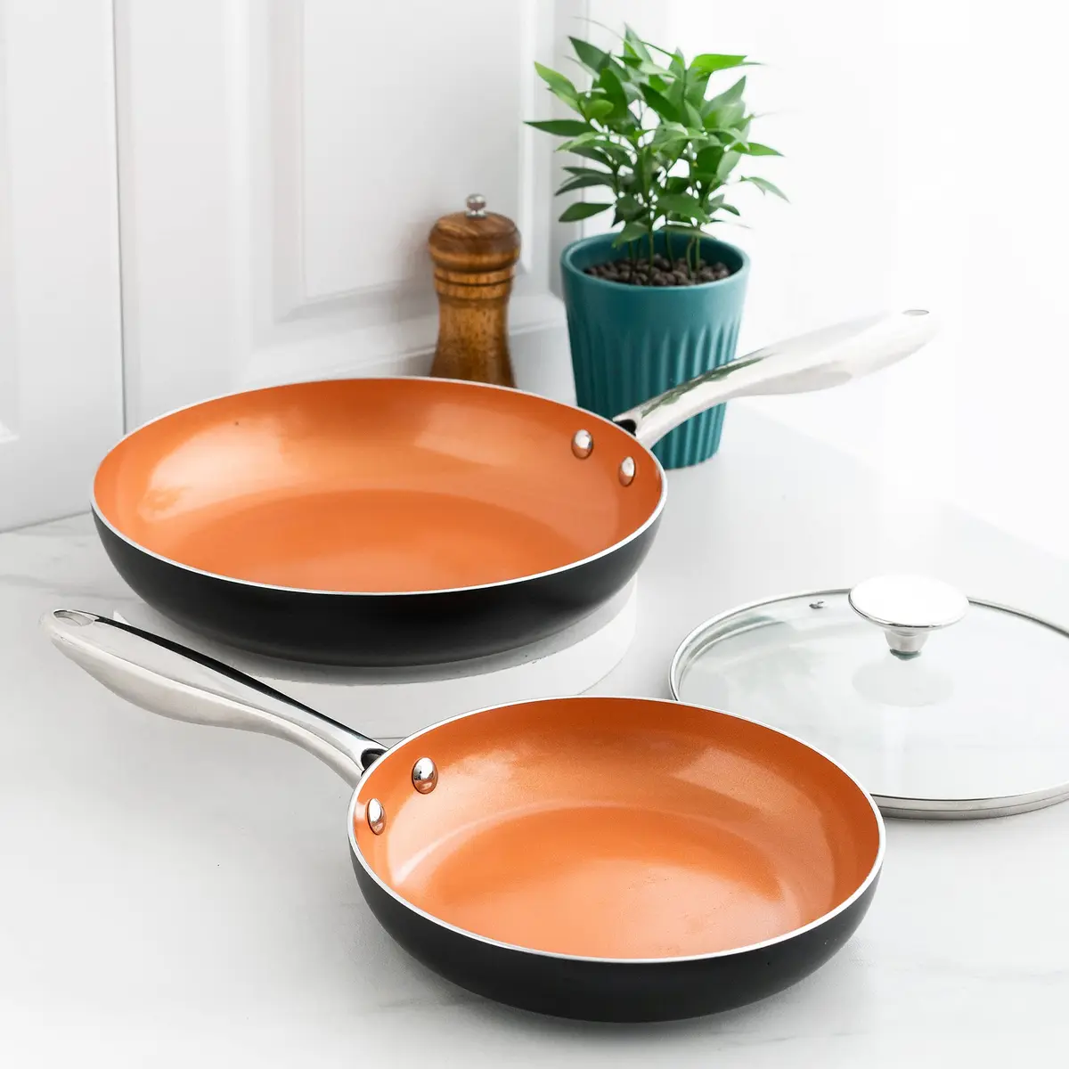 MICHELANGELO Copper Frying Pan Set with Lid 8" & 10" | Nonstick Copper Pans with Glass Lid (110 characters) - view 2
