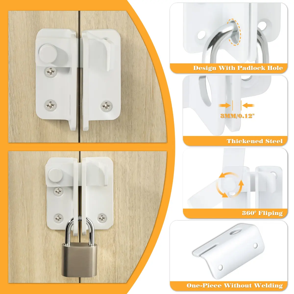 Alise White Flip Latch Gate Latch, Shed Door Lock, Barn Door Lock, L-Size | Heavy Duty Stainless Steel - view 3