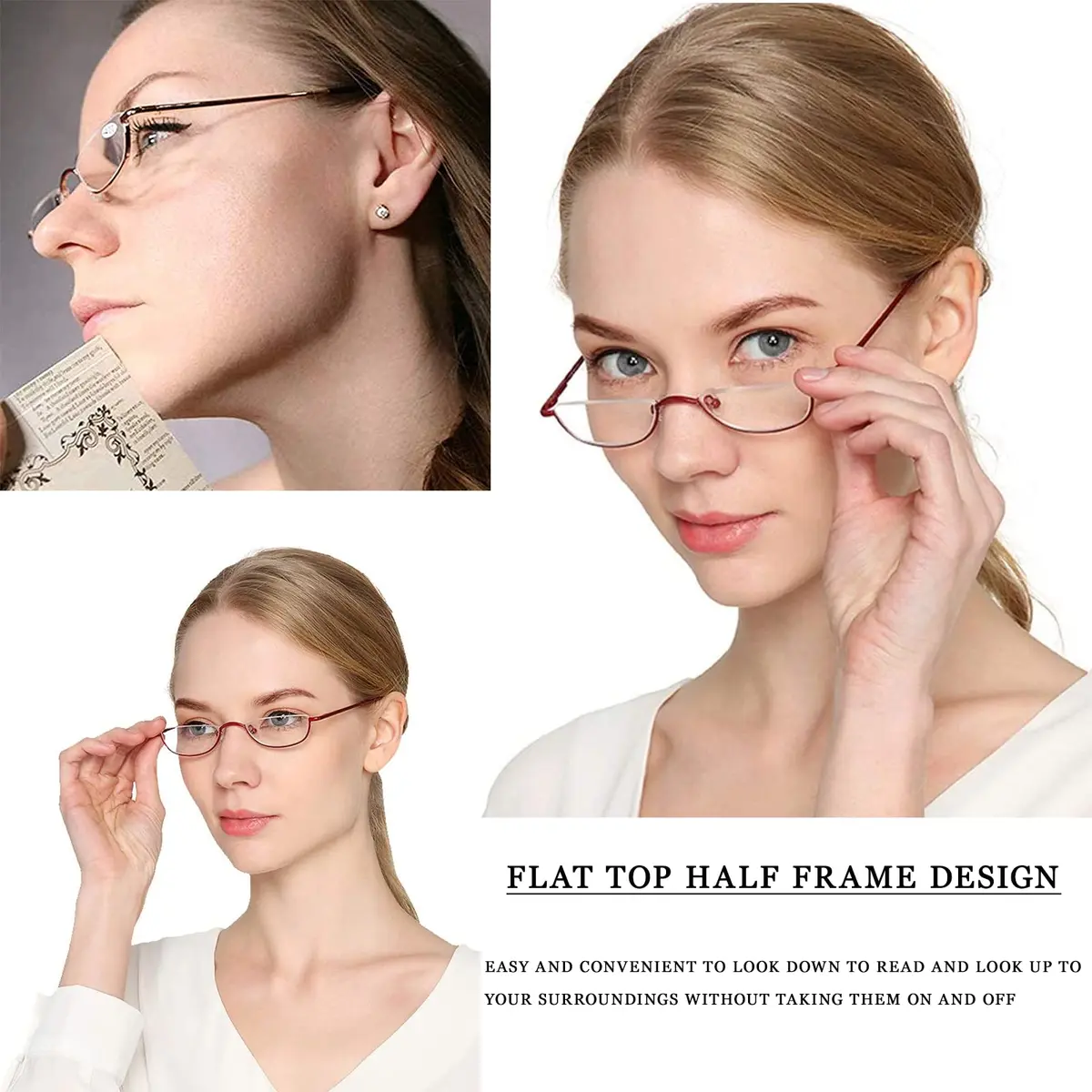 Viseng Half Frame Reading Glasses for Women Men, Slim Half Moon Metal Semi Rimless 3.5 Diopters | Flat Top Design - view 2