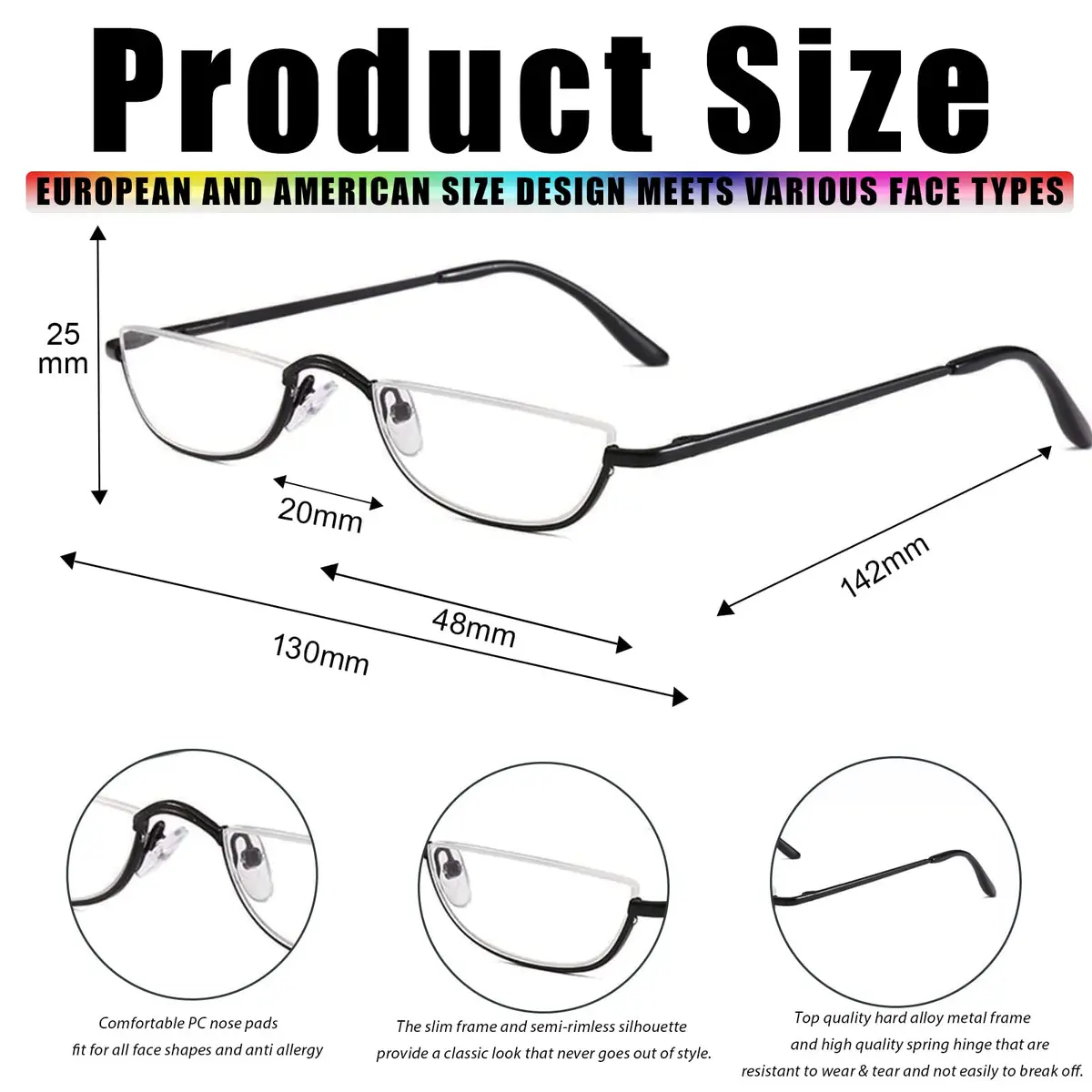 Viseng Half Frame Reading Glasses for Women Men, Slim Half Moon Metal Semi Rimless 3.5 Diopters | Flat Top Design - view 4