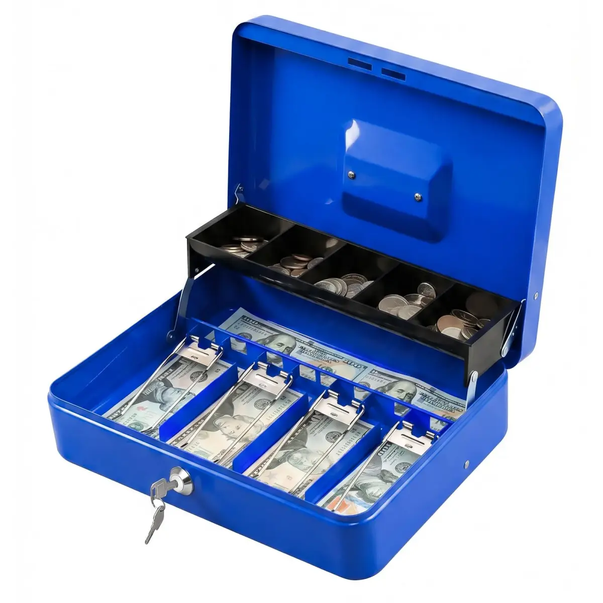 KYODOLED Locking Cash Box with Key Lock, Money Box with Cash Tray, 30cm (11.81") Blue XL Large - main product image