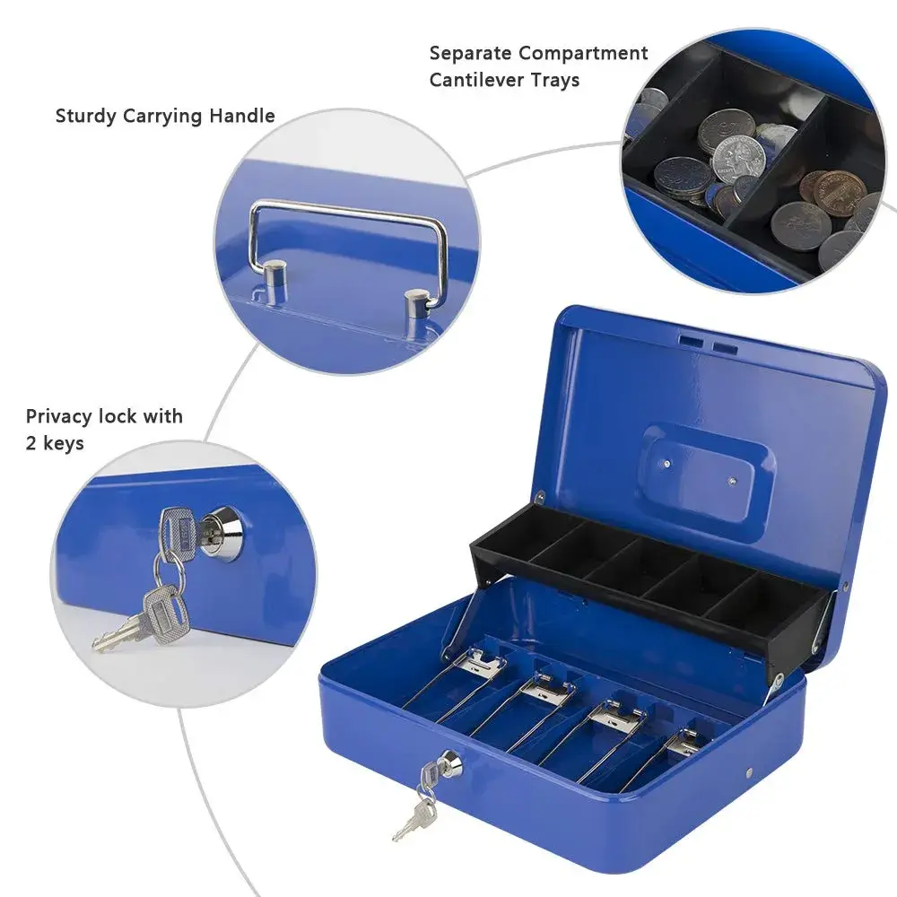 KYODOLED Locking Cash Box with Key Lock, Money Box with Cash Tray, 30cm (11.81") Blue XL Large - view 2