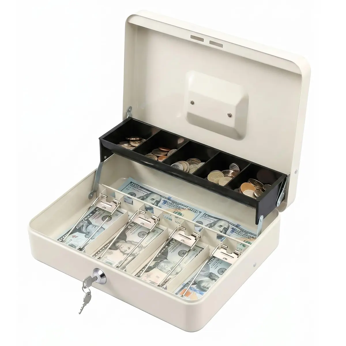 KYODOLED Locking Cash Box with Key, White XL Large | Sturdy Steel Construction with 5-Compartment Tray - main product image