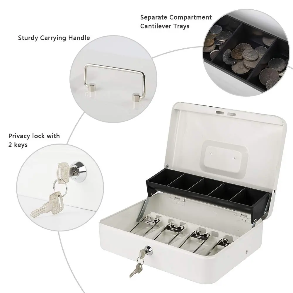 KYODOLED Locking Cash Box with Key, White XL Large | Sturdy Steel Construction with 5-Compartment Tray - view 2
