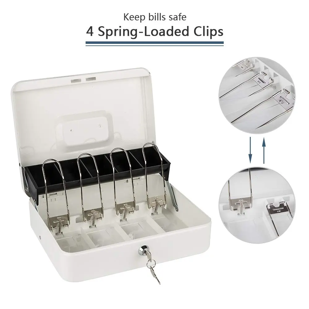 KYODOLED Locking Cash Box with Key, White XL Large | Sturdy Steel Construction with 5-Compartment Tray - view 3