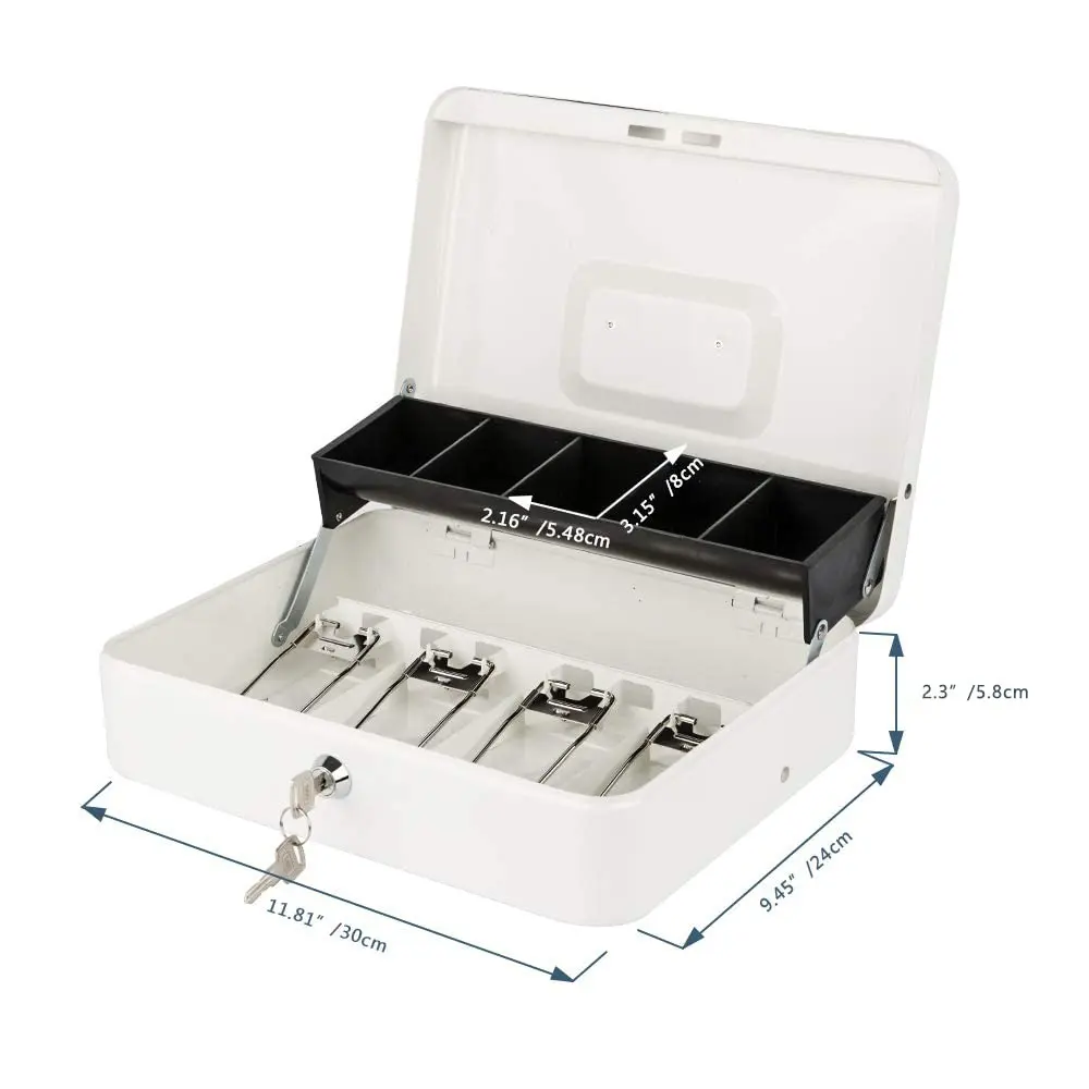 KYODOLED Locking Cash Box with Key, White XL Large | Sturdy Steel Construction with 5-Compartment Tray - view 4