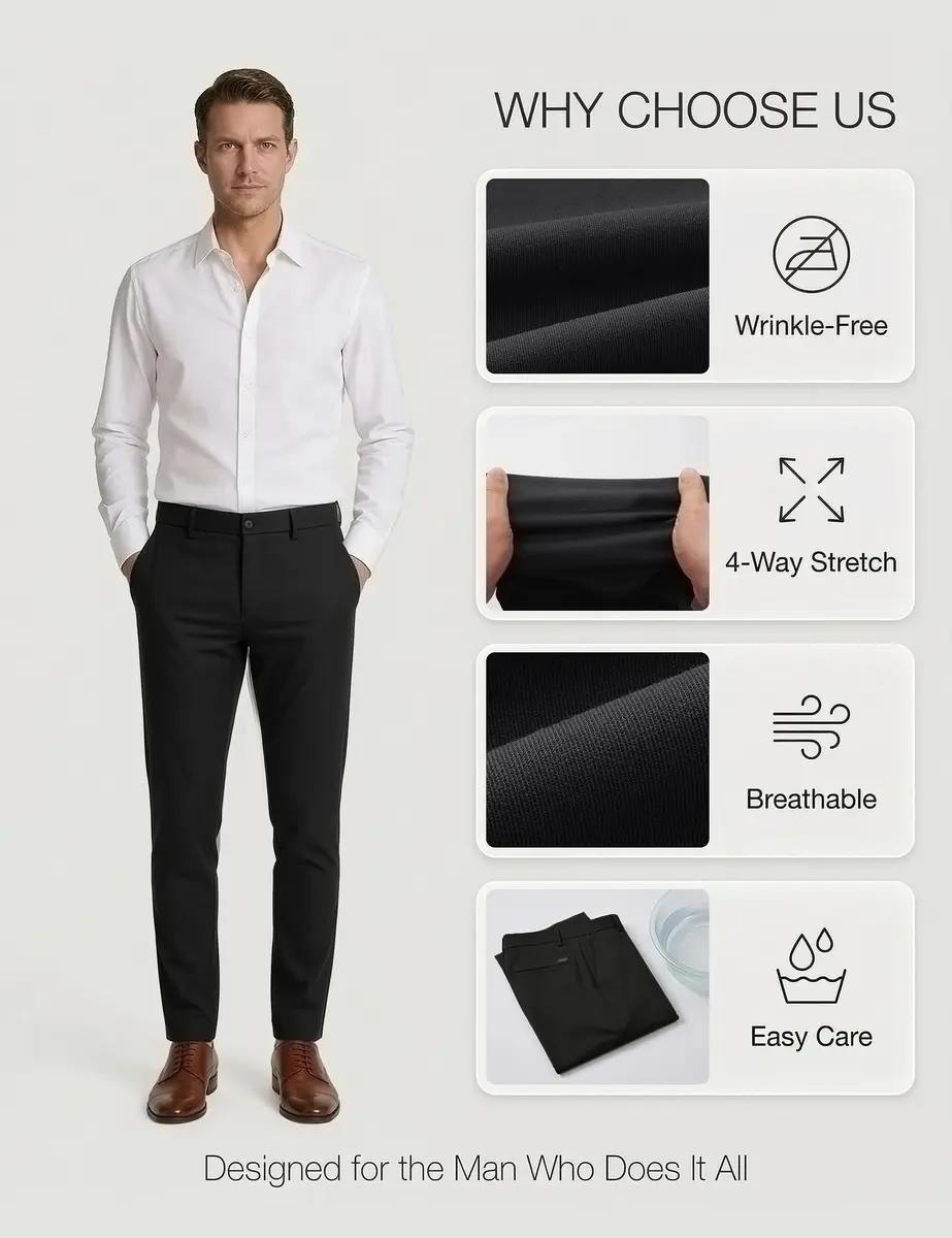 Plaid&Plain Men’s Slim Fit Dress Pants Stretch Dress Pants 8101Black 33x28 | Modern Slim Fit with Wrinkle-Free Comfort - view 9