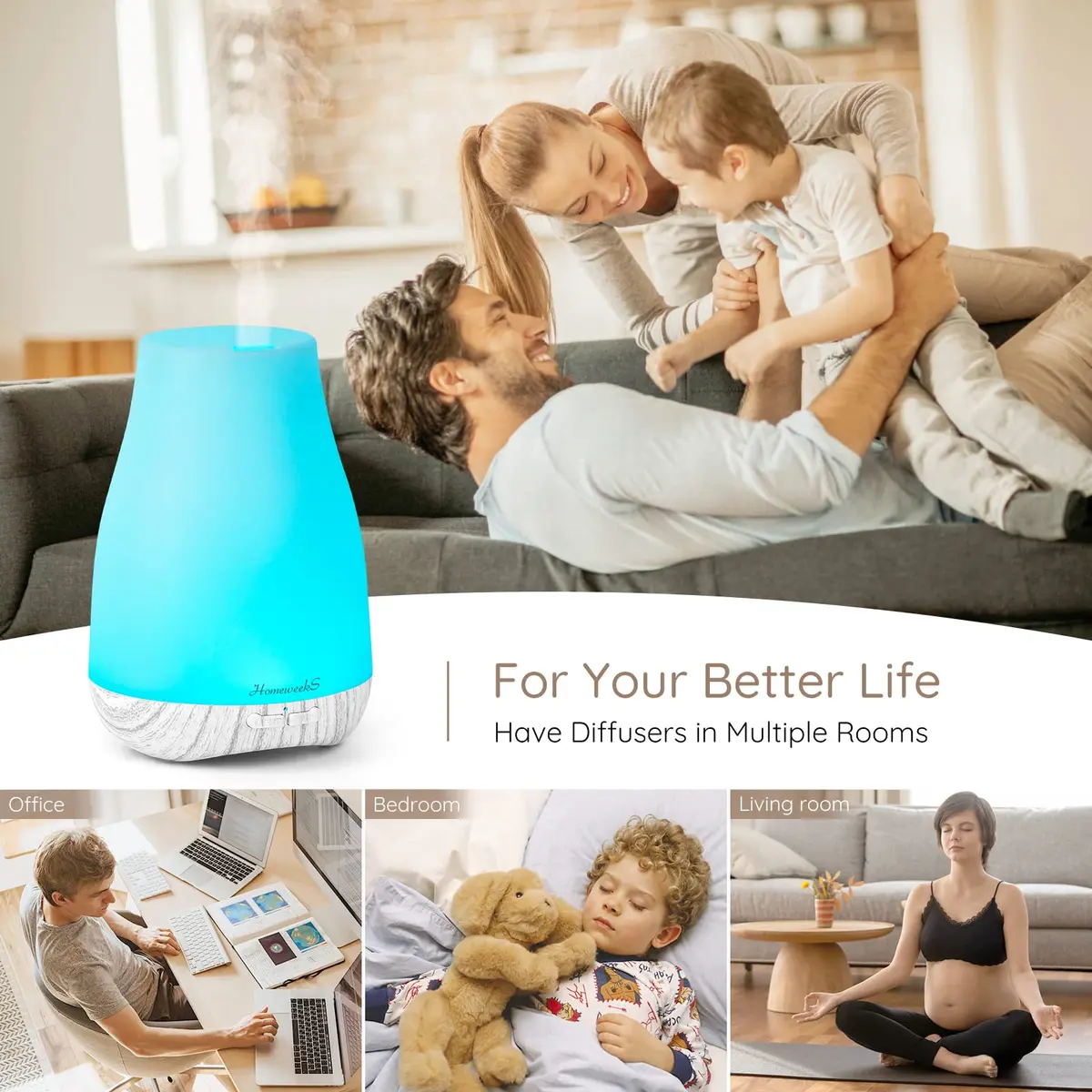 Homeweeks Essential Oil Diffuser 100ml (3.4 Fl Oz) | Ultrasonic Cool Mist Humidifier with 7 Color LED Light - view 2