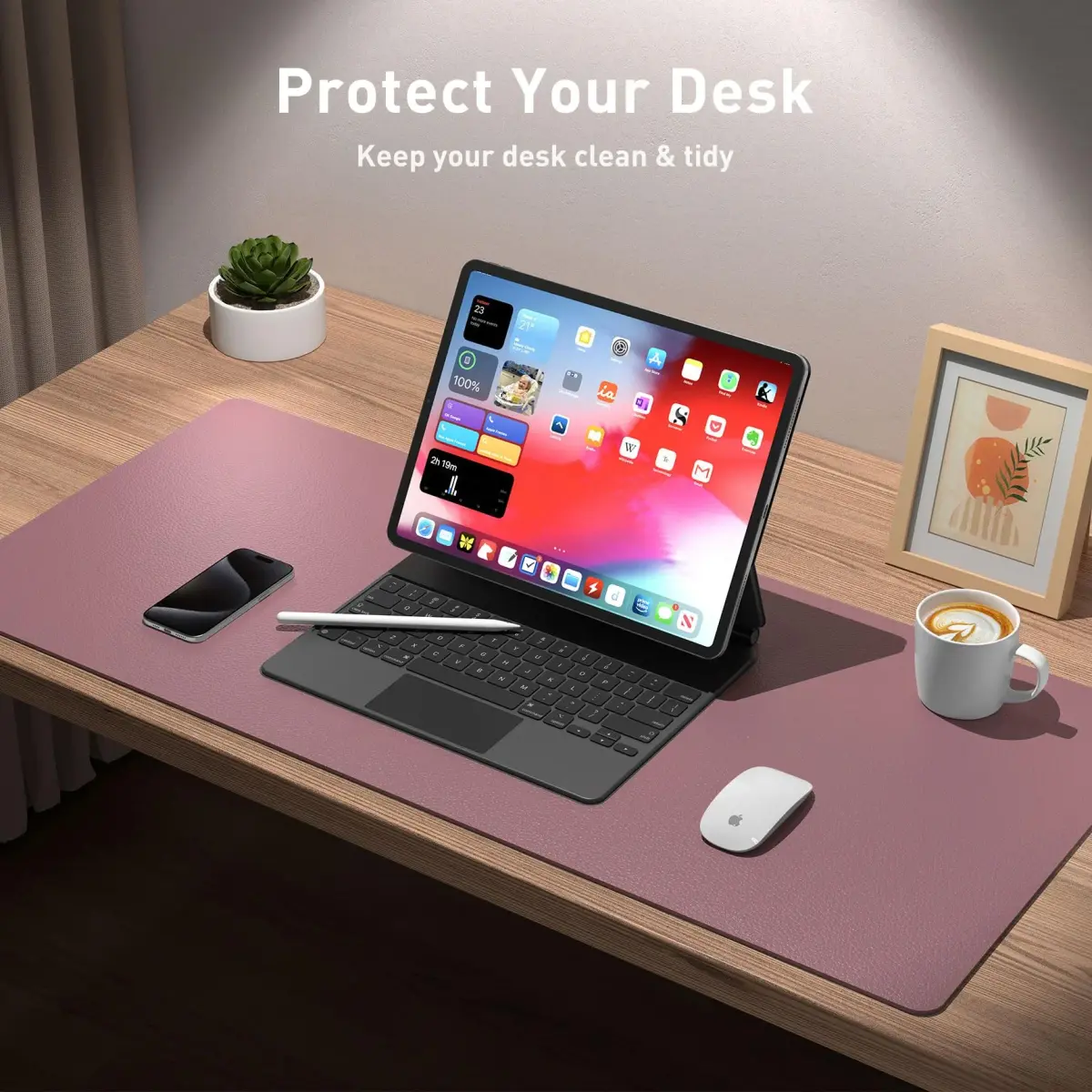 Aothia Dark Pink Desk Pad Protector 91cm x 43cm (36" x 17") | Smooth PU Leather for Office & Home - view 3