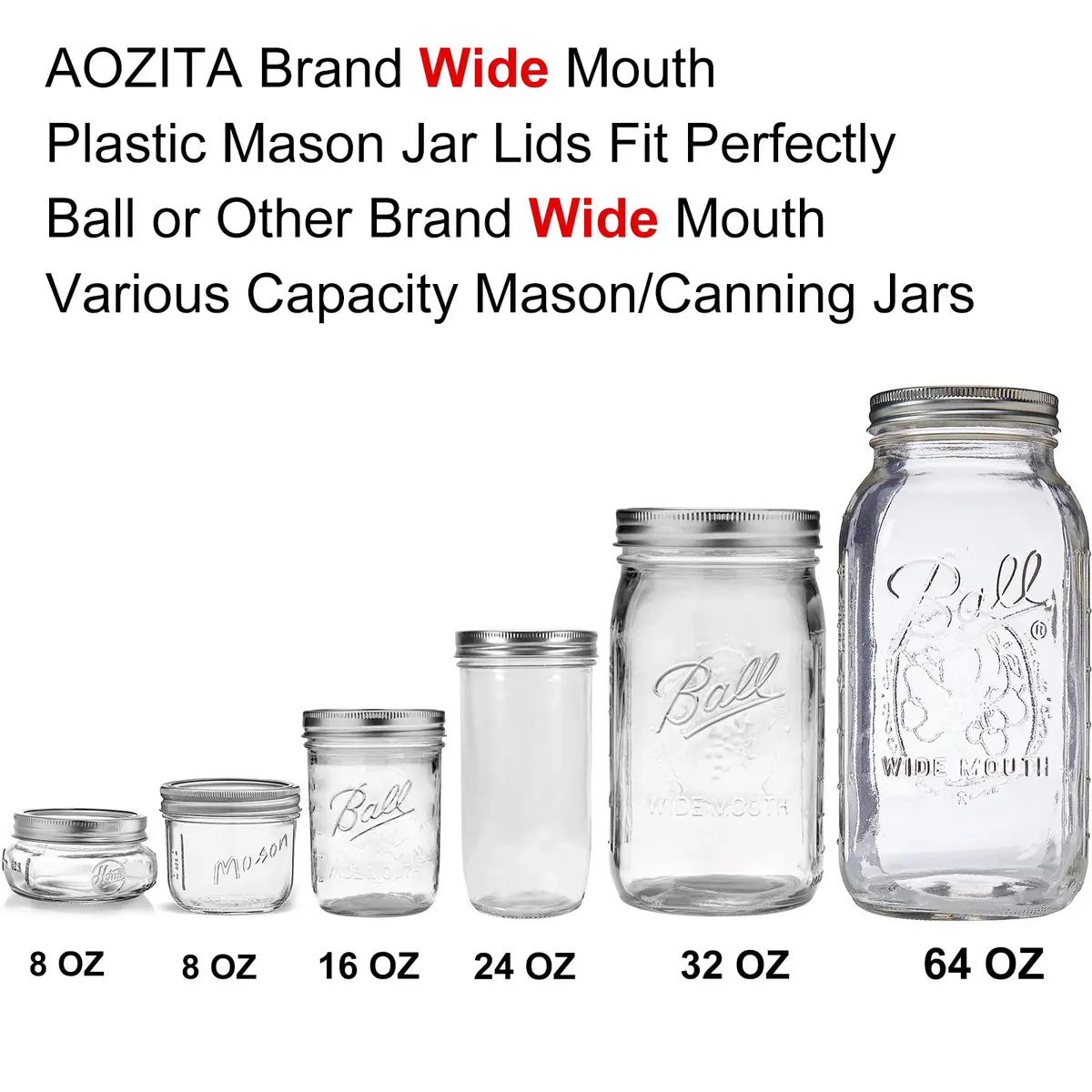 AOZITA Wide Mouth Mason Jar Lids [8 Pack, 8 Colors] 86mm (3.38 in) | Leak-Proof Plastic Storage Caps for Ball & Kerr Jars - view 5