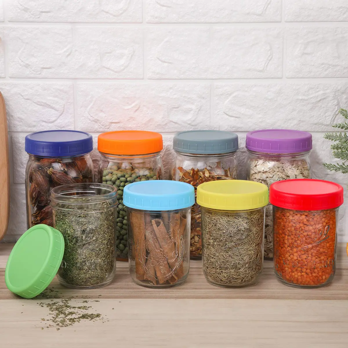 AOZITA Wide Mouth Mason Jar Lids [8 Pack, 8 Colors] 86mm (3.38 in) | Leak-Proof Plastic Storage Caps for Ball & Kerr Jars - view 7