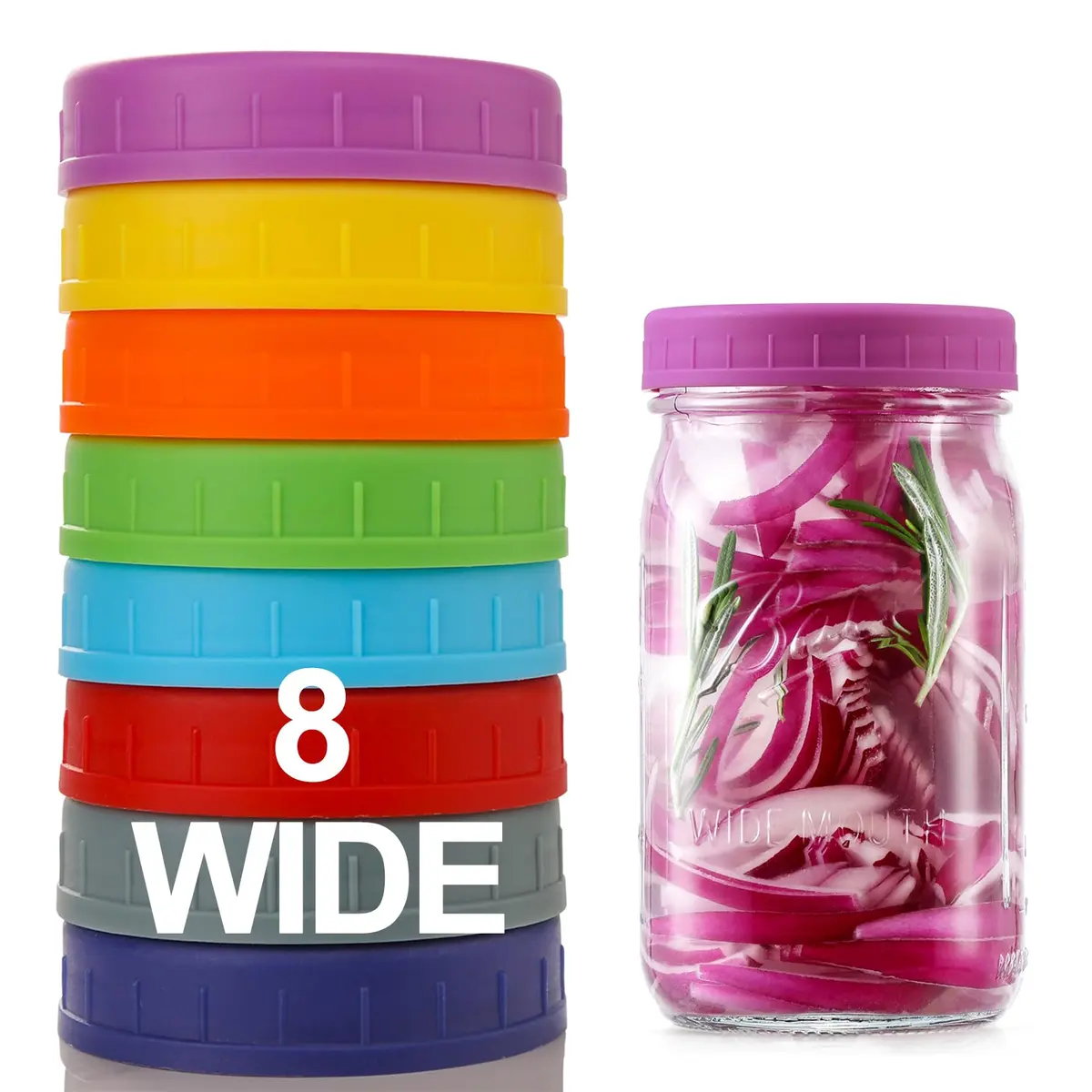 AOZITA Wide Mouth Mason Jar Lids [8 Pack, 8 Colors] 86mm (3.38 in) | Leak-Proof Plastic Storage Caps for Ball & Kerr Jars - view 9