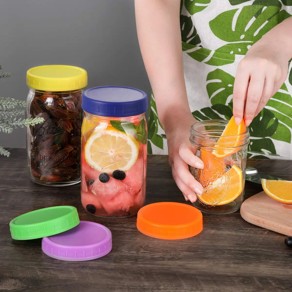 AOZITA Wide Mouth Mason Jar Lids [8 Pack, 8 Colors] 86mm (3.38 in) | Leak-Proof Plastic Storage Caps for Ball & Kerr Jars - view 4