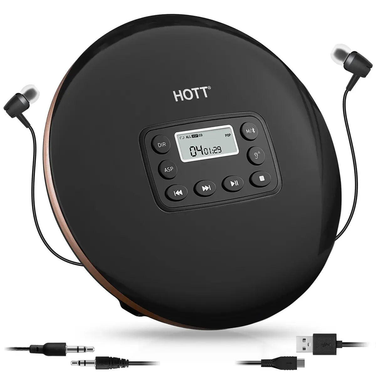 HOTT CD711T Portable CD Player with Bluetooth 5.0, 45s Anti-Shock, 7-Hour Rechargeable Battery | Black - main product image