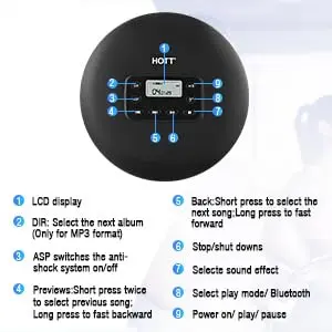HOTT CD711T Portable CD Player with Bluetooth 5.0, 45s Anti-Shock, 7-Hour Rechargeable Battery | Black - view 6