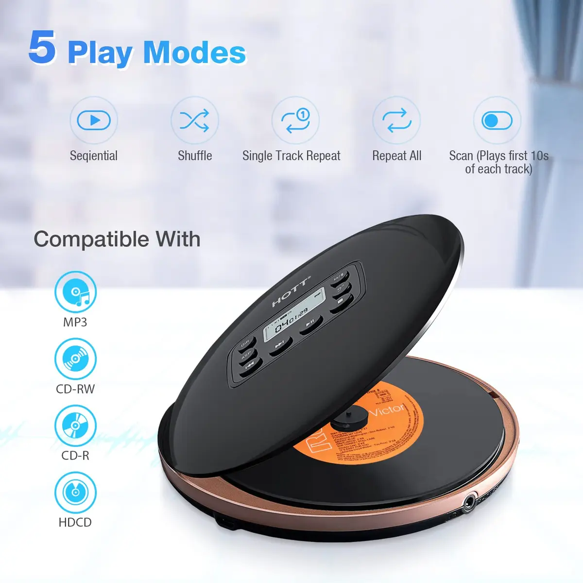 HOTT CD711T Portable CD Player with Bluetooth 5.0, 45s Anti-Shock, 7-Hour Rechargeable Battery | Black - view 2