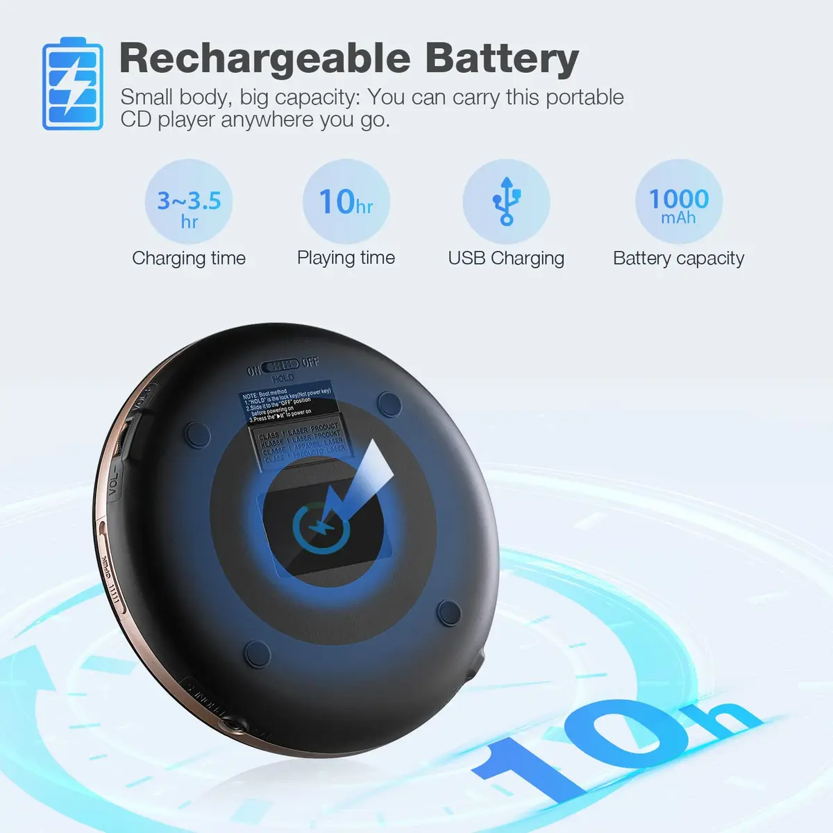 HOTT CD711T Portable CD Player with Bluetooth 5.0, 45s Anti-Shock, 7-Hour Rechargeable Battery | Black - view 4