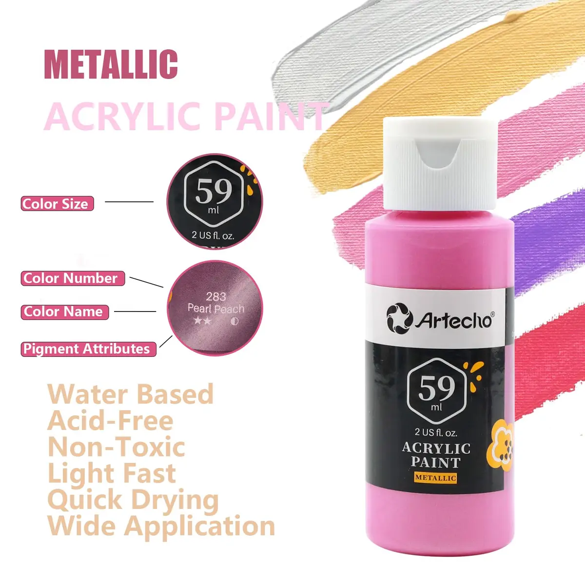 Artecho Metallic Acrylic Paint Set 12 Colors 59ml | Rich Metallic Finish for Art & Crafts - view 4