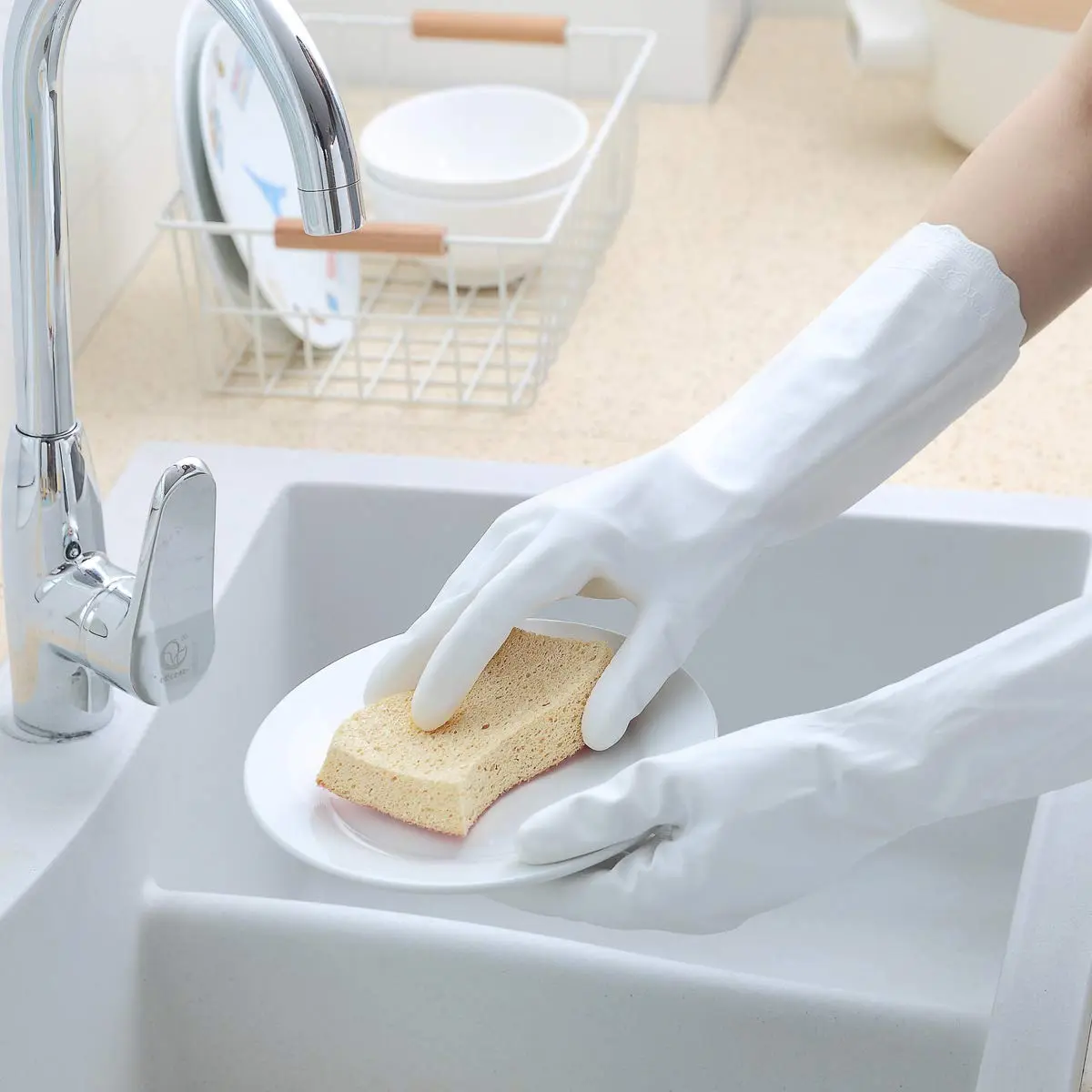 HSL Latex-Free Cleaning Gloves, Cotton Flocked Liner, 3 Pairs, Medium | Moisture Absorbing, Reusable Household Gloves - view 4