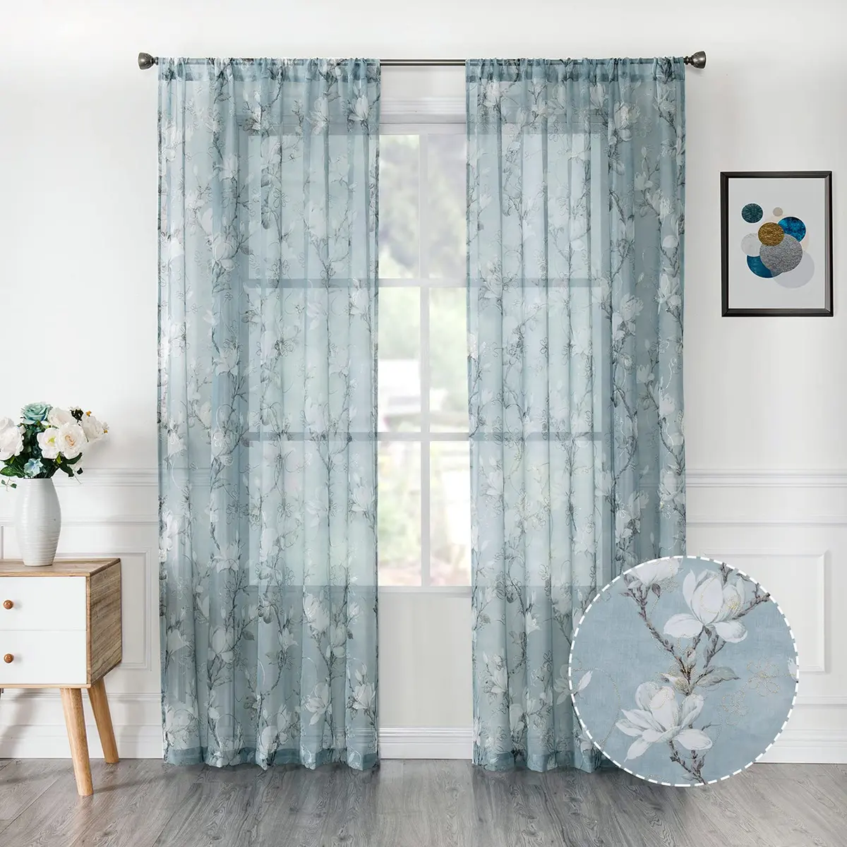 Tollpiz Floral Blue Sheer Curtains 54x63 inches Set of 2 | Elegant Linen Look with Embroidery - main product image
