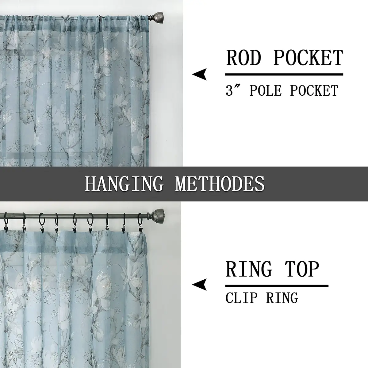 Tollpiz Floral Blue Sheer Curtains 54x63 inches Set of 2 | Elegant Linen Look with Embroidery - view 5