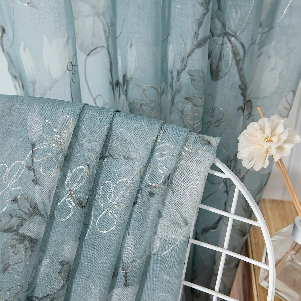 Tollpiz Floral Blue Sheer Curtains 54x63 inches Set of 2 | Elegant Linen Look with Embroidery - view 6