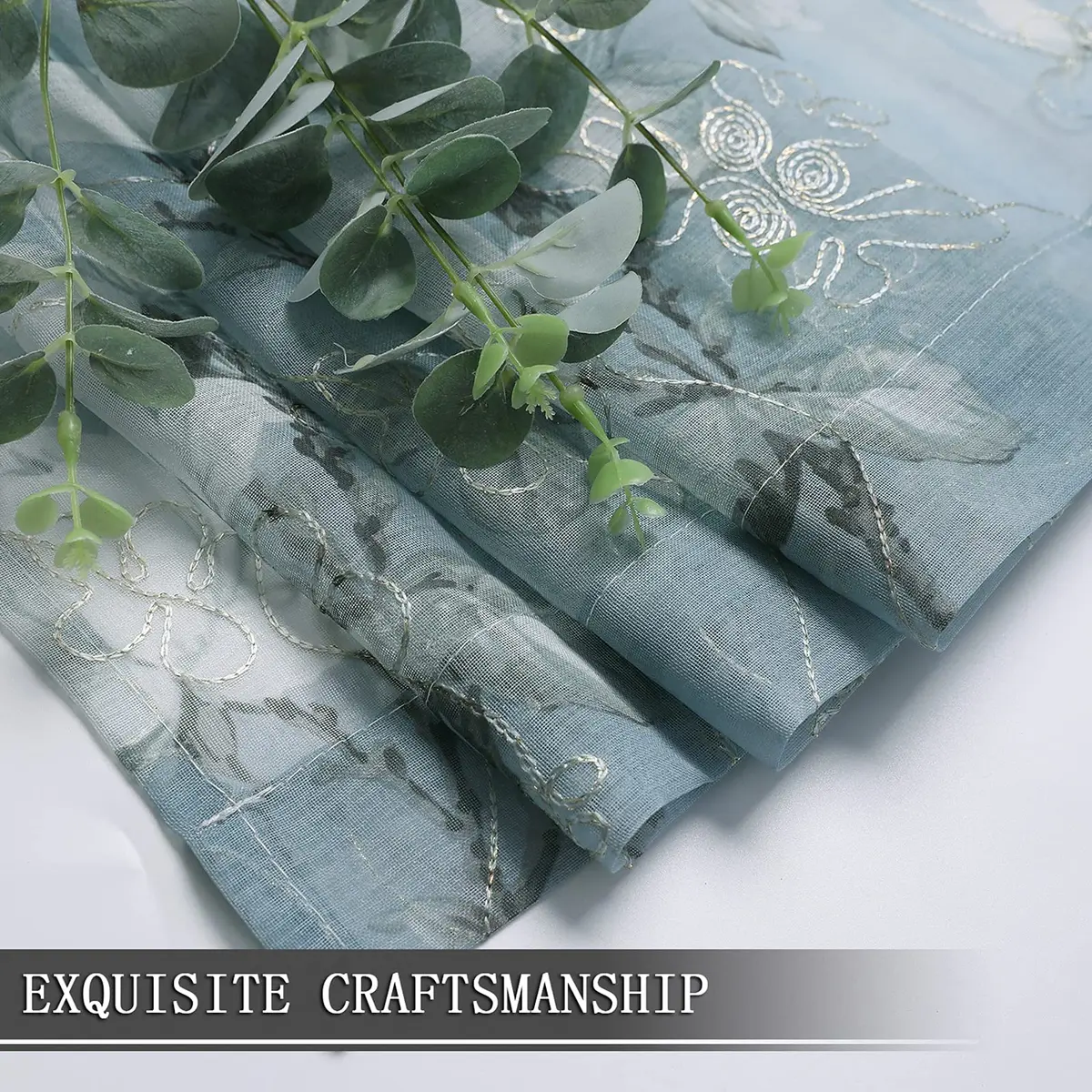 Tollpiz Floral Blue Sheer Curtains 54x63 inches Set of 2 | Elegant Linen Look with Embroidery - view 7